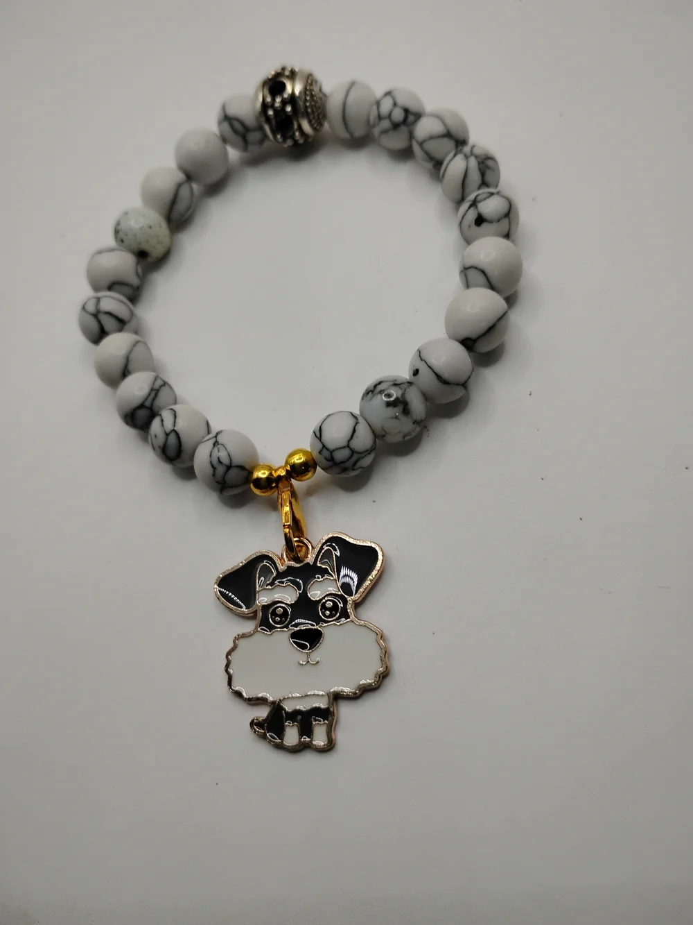 Marble Bead Dog Charm with Gold Puppy Pendant - White